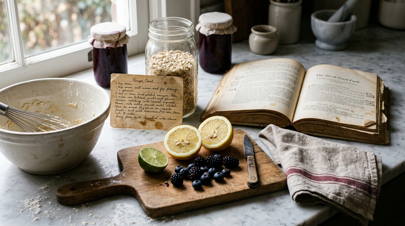 A home kitchen counter in soft morning light: cutting board with halved citrus and berries, mixing bowl, whisk, jam jar, hand-written recipe card. No people.