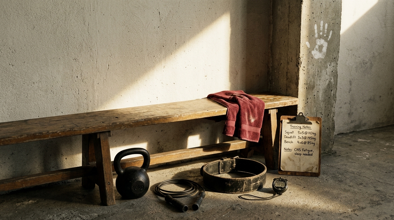 An empty wooden gym bench in window light with kettlebell, jump rope, leather lifting belt, stopwatch, and a clipboard of training notes. No people.