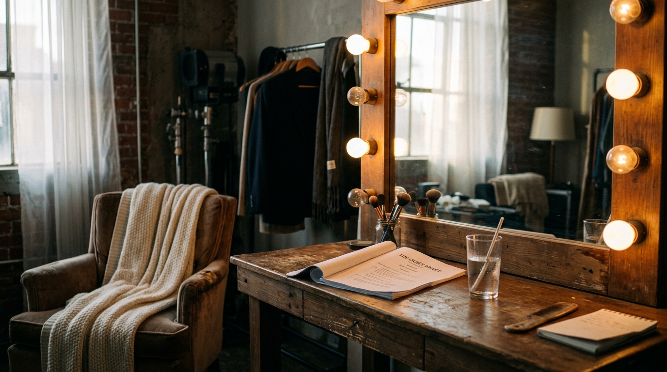 An empty TV studio dressing room with warm vanity bulbs, a folded script and a glass of water, soft cream throw blanket on a chair — atmospheric mood image, not a portrait of Chrissy Metz.
