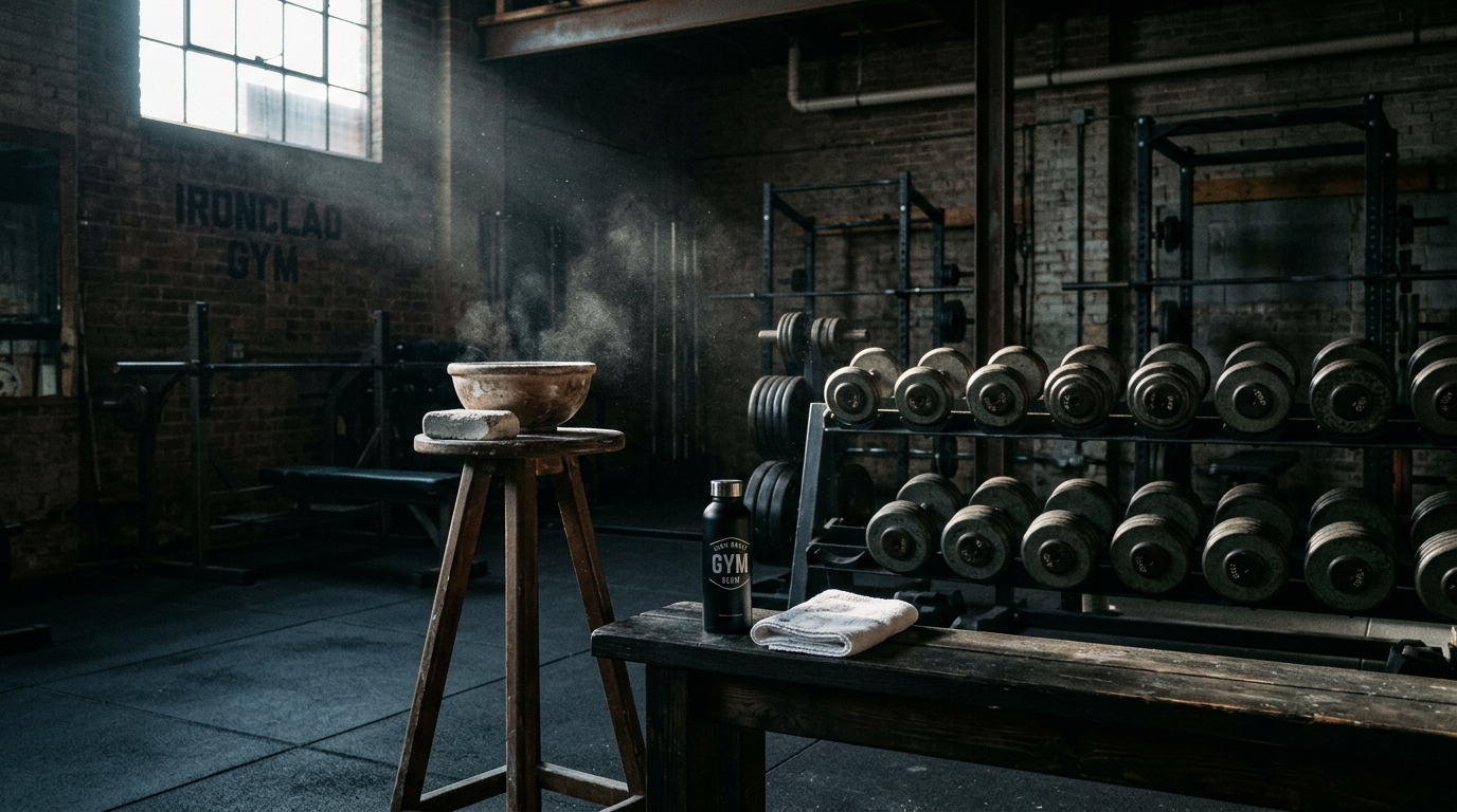 A pre-dawn empty private gym with heavy iron dumbbells, a chalk bowl, a folded white towel, hard side-light from a high industrial window — atmospheric mood image, not a portrait of Dwayne Johnson.