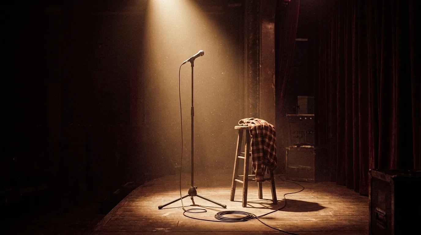 Stage lights and a bare microphone stand under a single tungsten spotlight, a folded plaid shirt on a stool, dust in the beam — mood image, not a portrait of Jelly Roll.