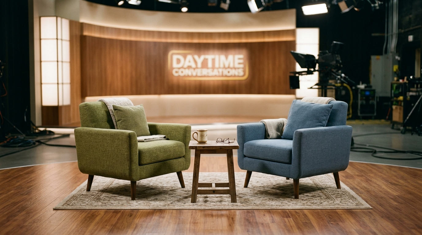 An empty daytime talk show set with two empty modern armchairs, soft warm studio lighting, a coffee mug on a side table — atmospheric mood image, not a portrait of Kelly Clarkson.