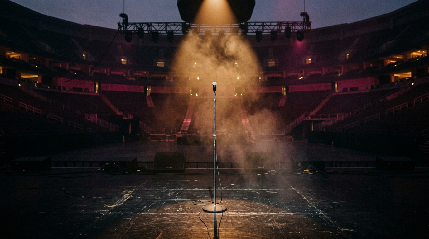 Empty arena stage with a single chrome microphone under a tungsten spotlight, magenta and amber stage gels — atmospheric mood image, not a portrait of Lizzo.