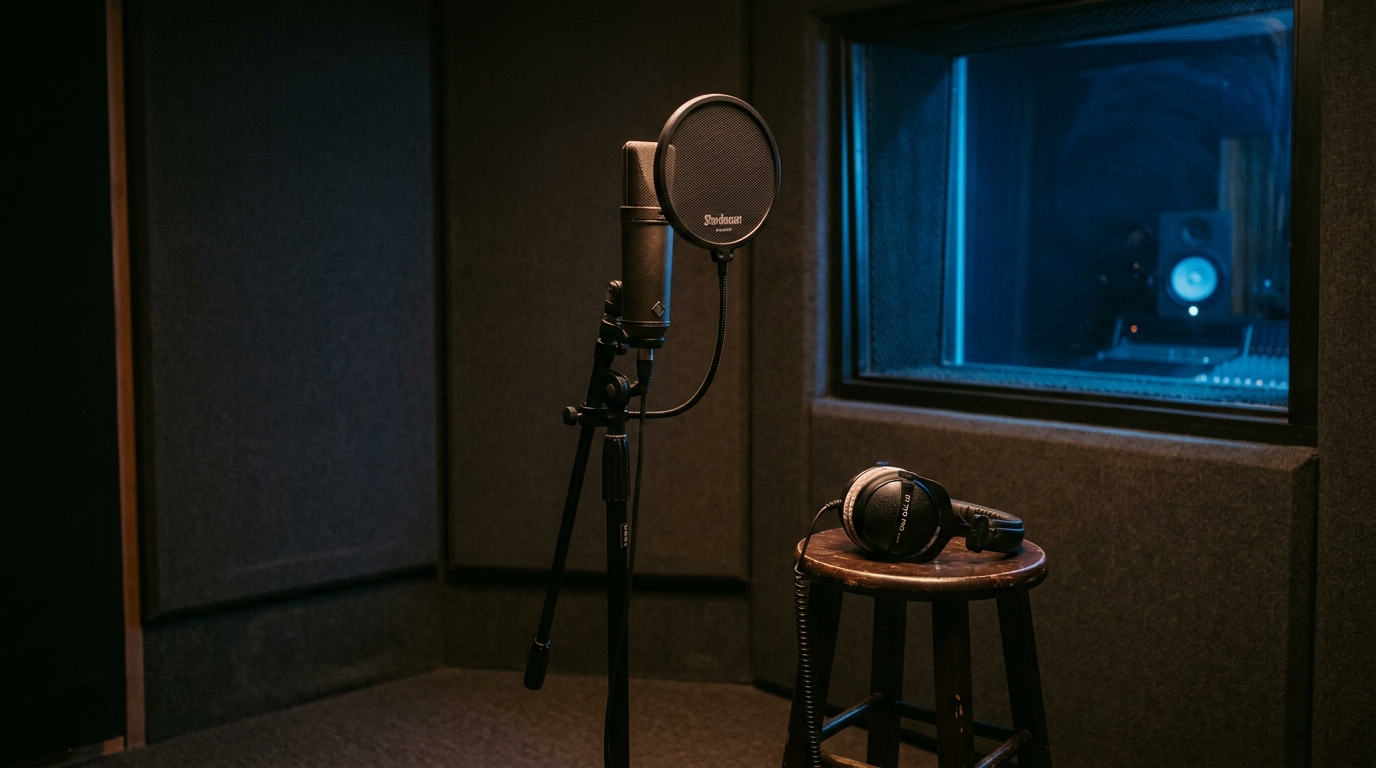 An empty recording booth with a vintage condenser microphone behind a pop filter, headphones resting on a stool, soft blue rim light through the booth window — atmospheric mood image, not a portrait of Selena Gomez.