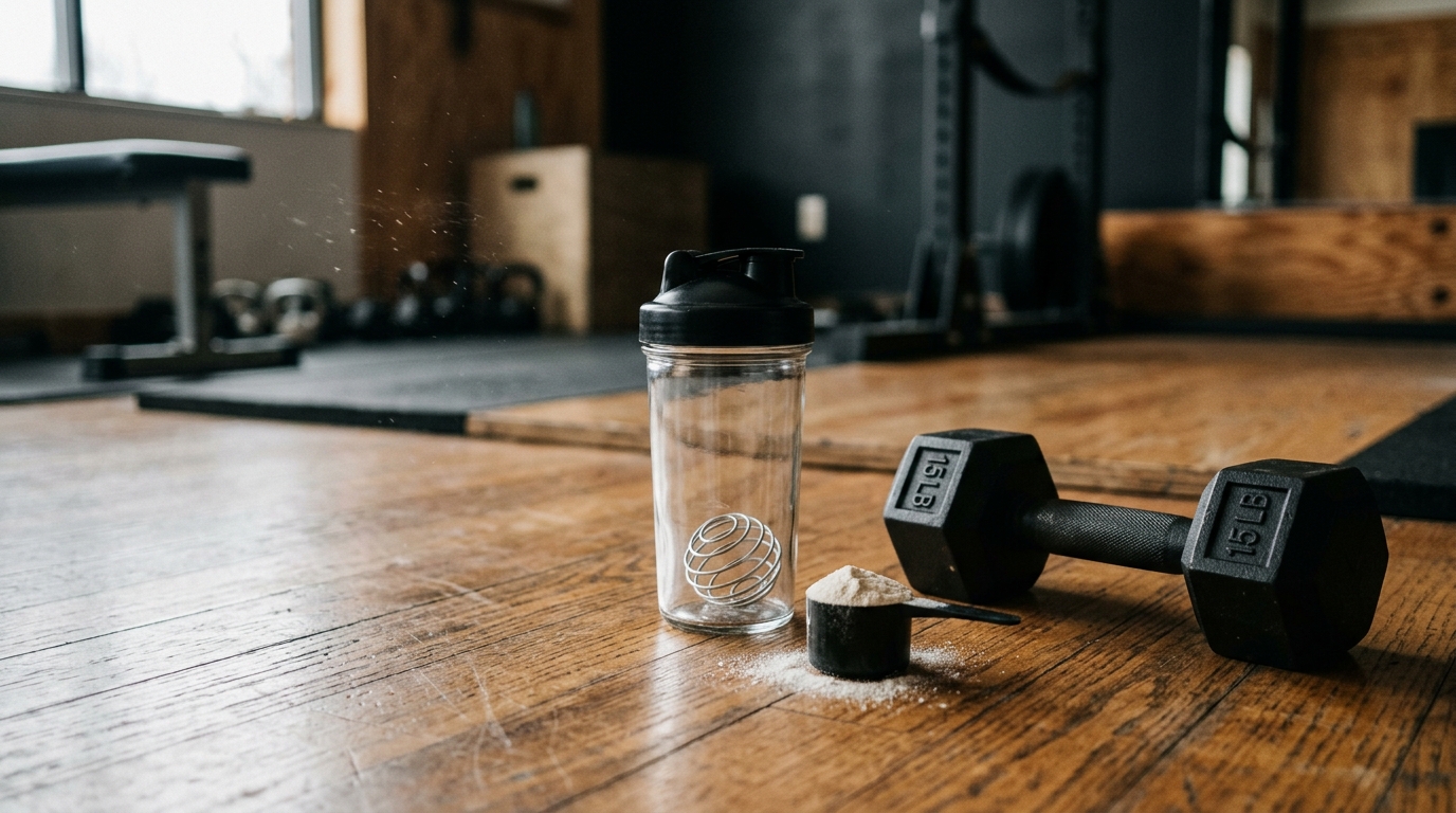 Atmospheric mood image — clear glass shaker bottle with a scoop of white powder beside it and a single dumbbell on a wood gym floor.
