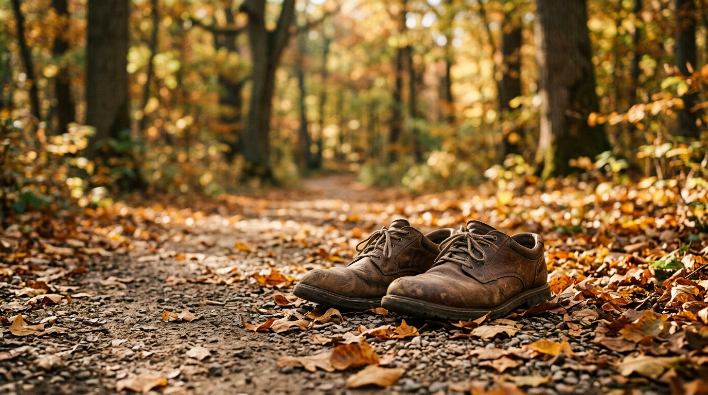 Atmospheric mood image — a pair of well-worn brown leather walking shoes resting on a quiet park path covered in autumn leaves, dappled afternoon sunlight.