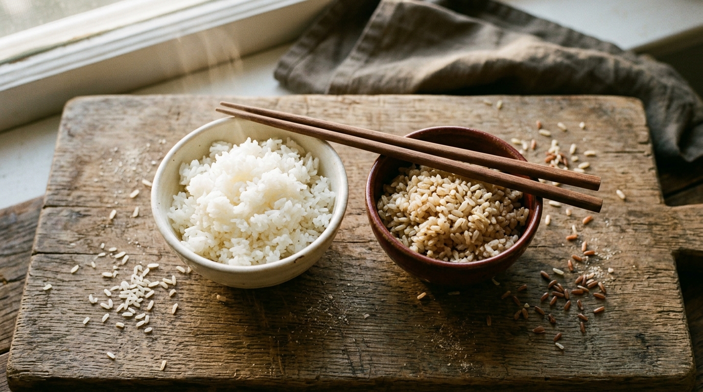 Atmospheric mood image — small ceramic bowl of cooked white rice and a smaller bowl of brown rice side by side on a wooden board, chopsticks resting across, scattered grains.