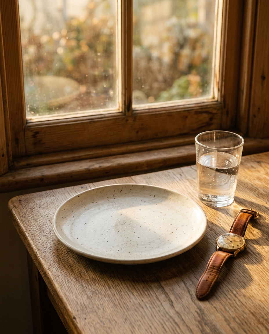 Atmospheric mood image — an empty ceramic plate beside a vintage analog wristwatch and half-full glass of water on a wooden table by a window in soft morning light.