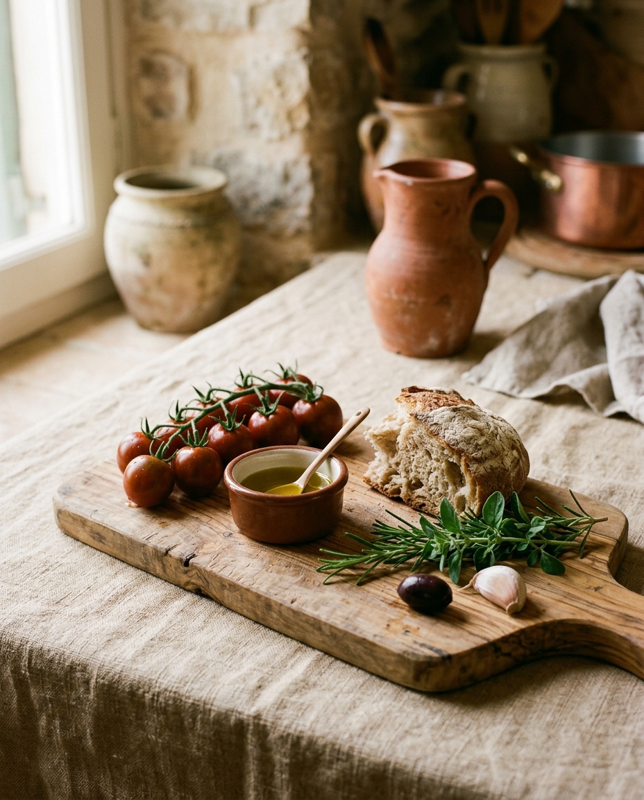 Atmospheric mood image — an olive wood cutting board on warm linen, with vine tomatoes, a small ceramic ramekin of golden olive oil, torn rustic bread, fresh oregano and rosemary, garlic cloves and a single black olive in soft window light.