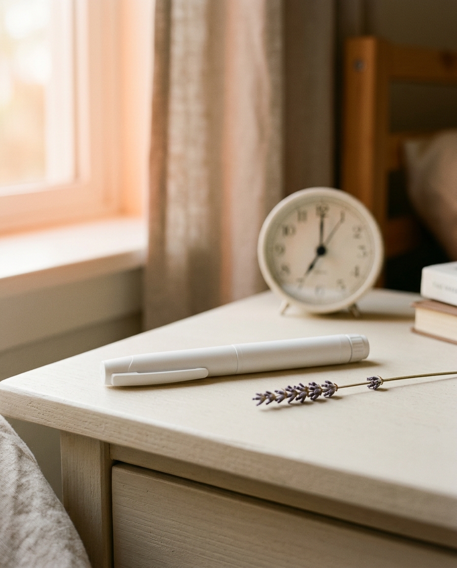 Atmospheric editorial mood image — a women's health journal, clinical reference book, and pharmacist's mortar on a desk in window light. No people, no pills.