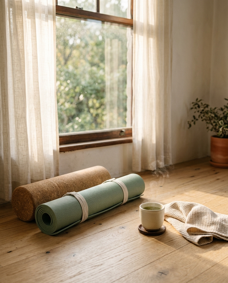 Atmospheric mood image — a rolled-up sage-green yoga mat and natural cork foam roller on a light wood floor near a window with sheer linen curtains in soft morning light.
