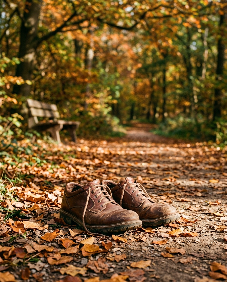 Atmospheric mood image — a pair of well-worn brown leather walking shoes on a quiet park path covered in fallen autumn leaves with dappled afternoon sunlight.