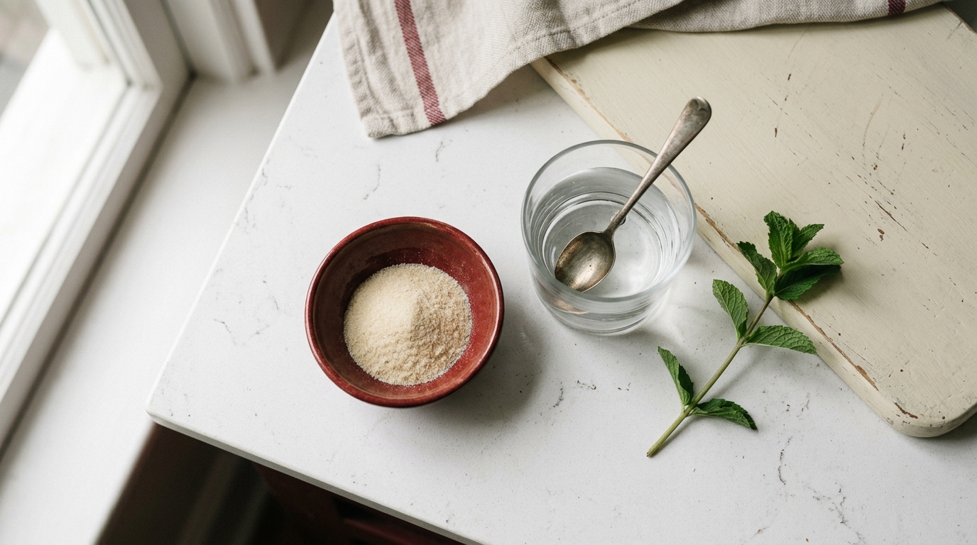 Atmospheric mood image — small ramekin of unflavored gelatin powder beside a glass of water with a spoon and a sprig of mint on a marble counter.