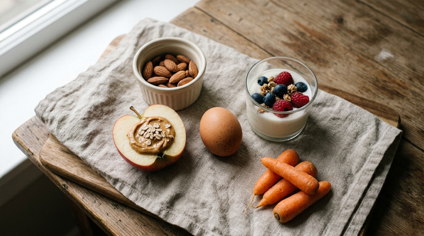 Atmospheric mood image — overhead flatlay of almonds, halved apple with peanut butter, hard-boiled egg, Greek yogurt with berries, and baby carrots on a linen-lined wood board.