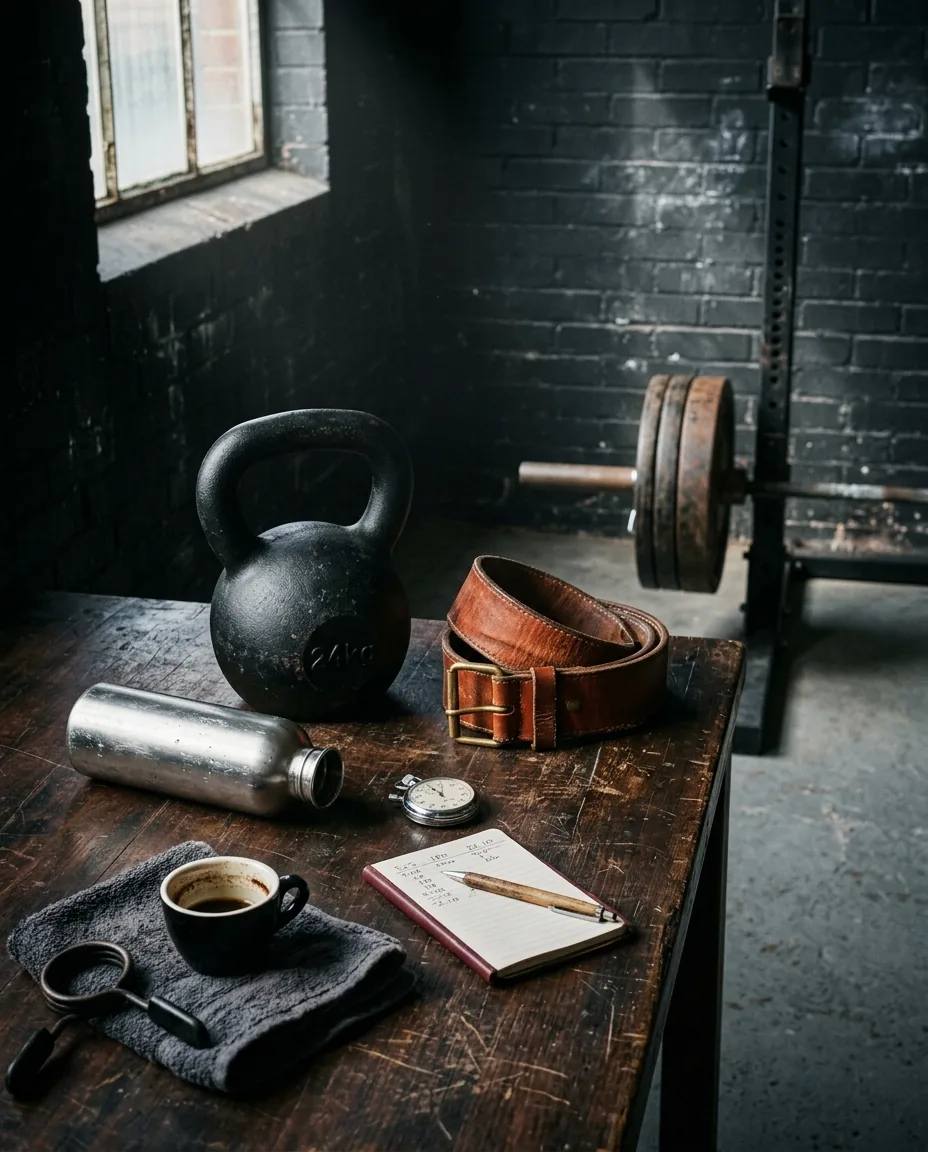 A worn dark walnut workbench in a converted garage gym in low side-light: cast-iron kettlebell, folded leather lifting belt, stainless steel water bottle on its side, vintage analog stopwatch, training notebook with handwritten numbers, half-finished black espresso, hand towel. Atmospheric editorial mood image.