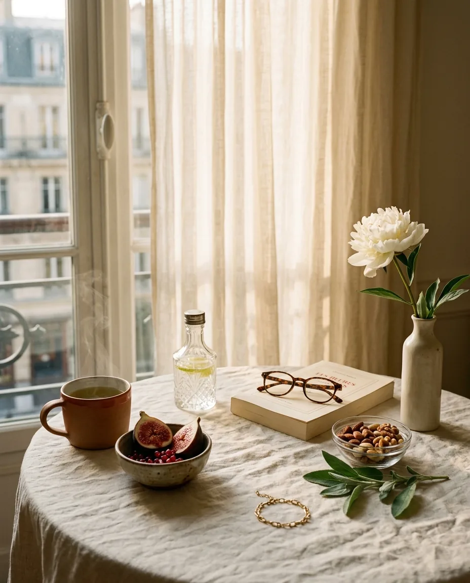 A linen-covered cafe table by a tall window in golden window light: stoneware mug of green tea, a ceramic bowl with halved figs and pomegranate seeds, a small crystal decanter, a hardback book with tortoise-shell glasses on top, a sprig of sage, a single white peony in a slim ceramic vase. Atmospheric editorial mood image.
