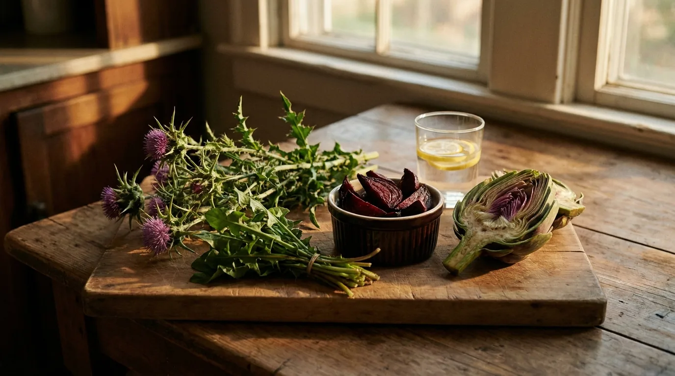 A wooden cutting board with milk thistle, dandelion greens, beets, halved artichoke, and lemon water in afternoon kitchen light — atmospheric mood image, not the product.
