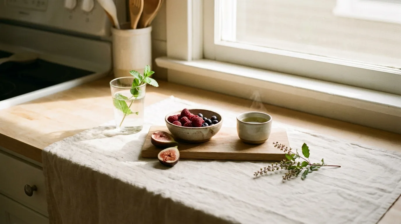 Window-lit kitchen counter with figs, mixed berries, mint water, and steaming green tea — atmospheric mood image, not the product.