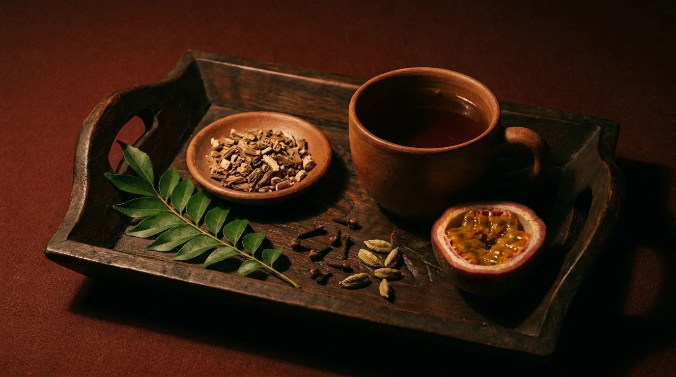 A wooden tray with a clay teacup of dark tea, valerian root, curry leaves, cardamom pods, and a halved passion fruit in evening lamplight — atmospheric mood image, not the product.